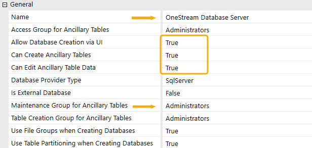 Dialog box with Allow Database Creation via UI, Can Create Ancillary Tables, and Can Edit Ancillary table fields highlighted and set to True